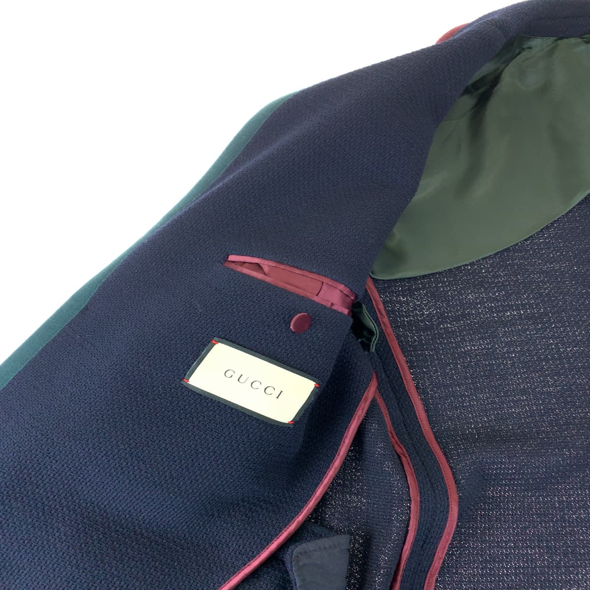 GUCCI tailored jacket 502525 wool Navy green red tailored jacket logo emblem button mens 48 Used