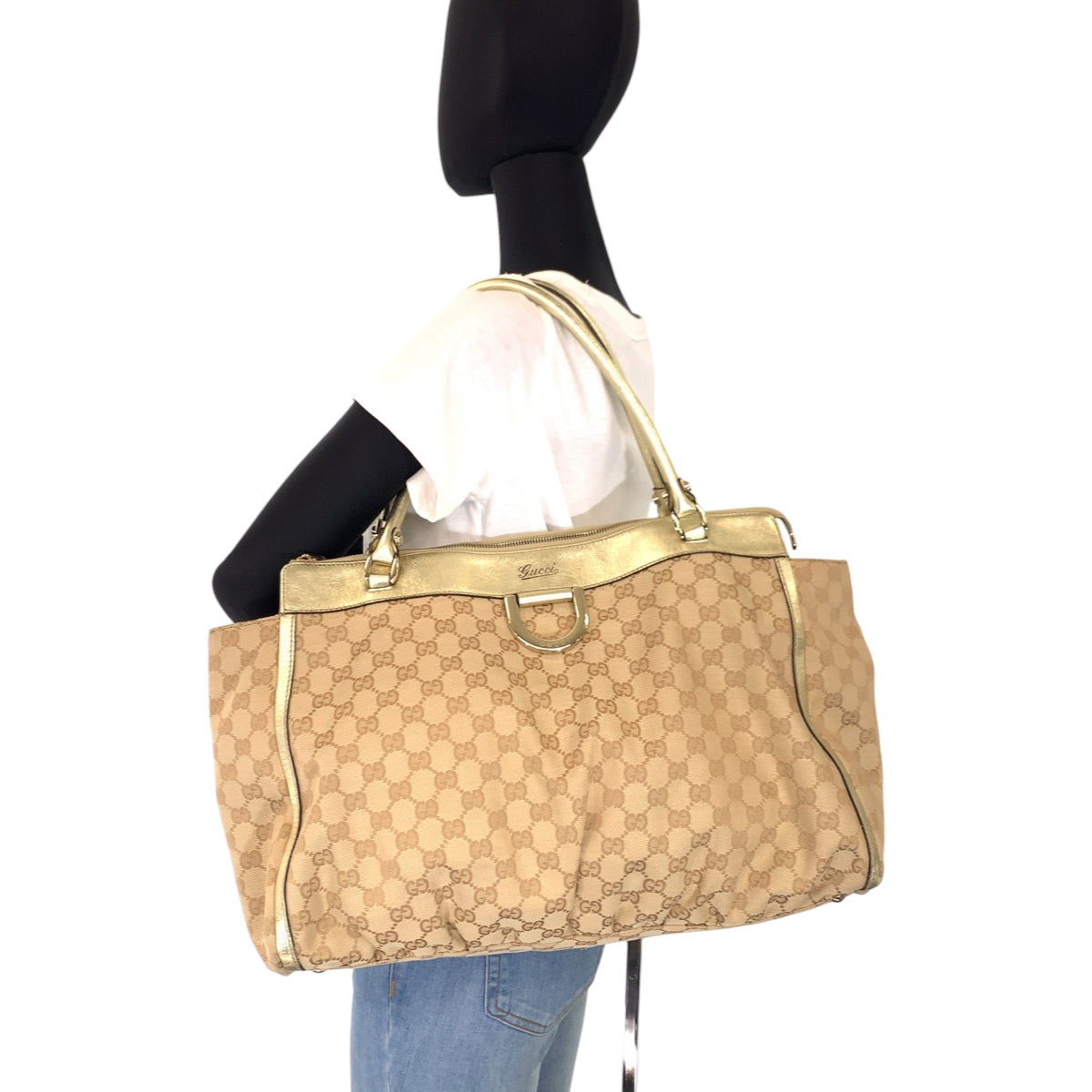 GUCCI Tote Bag 190248 GG canvas, leather Beige Gold GoldMetal Tote Bag Shoulder Bag Handbag Abbey Women Used