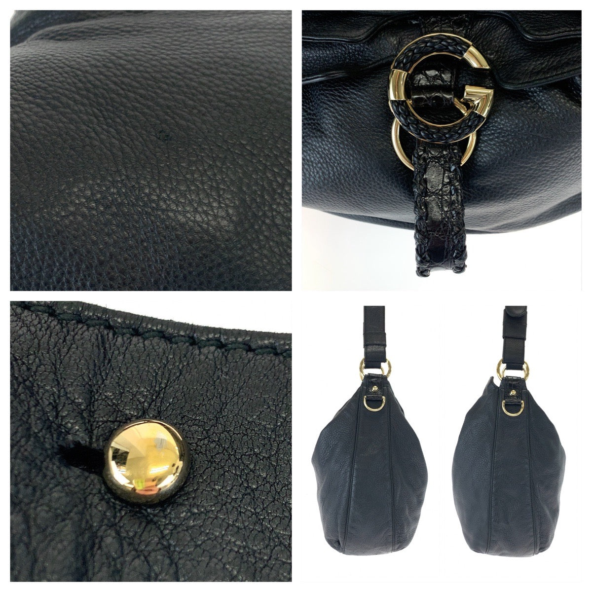 GUCCI Shoulder Bag 232931 leather Black Gold Metal Embossed Leather Shoulder Bag G Wave Hobo Women Used