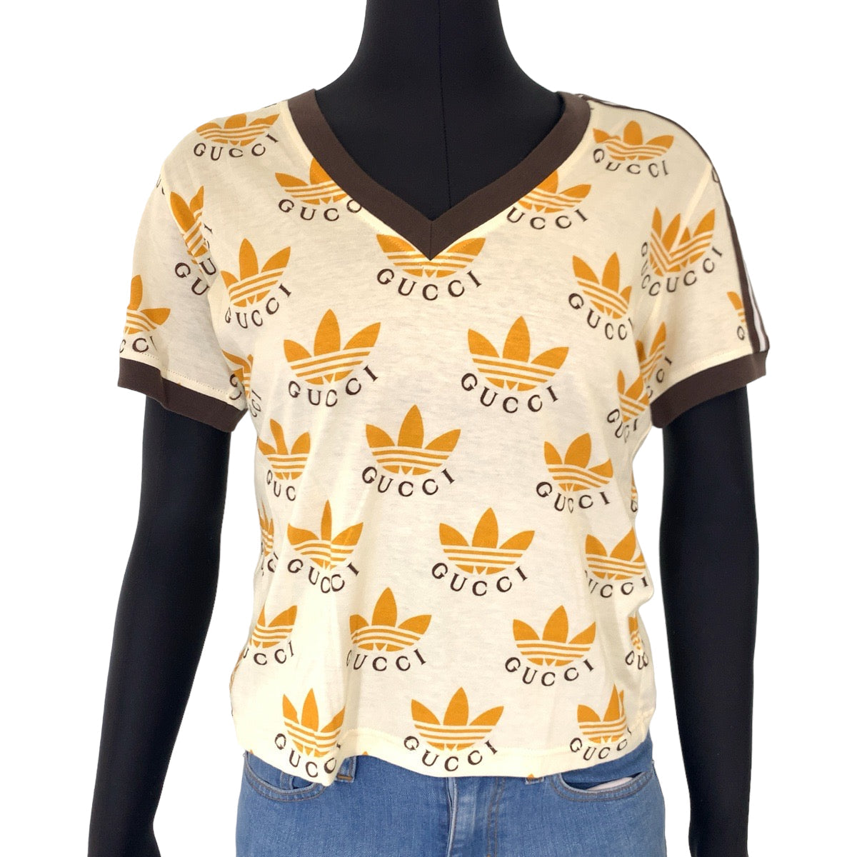 GUCCI Short sleeve T-shirt 693539 cotton Cream Orange Black Short-sleeved T-shirt, V-neck, short length adidasxGUCCI logo Women XS Used