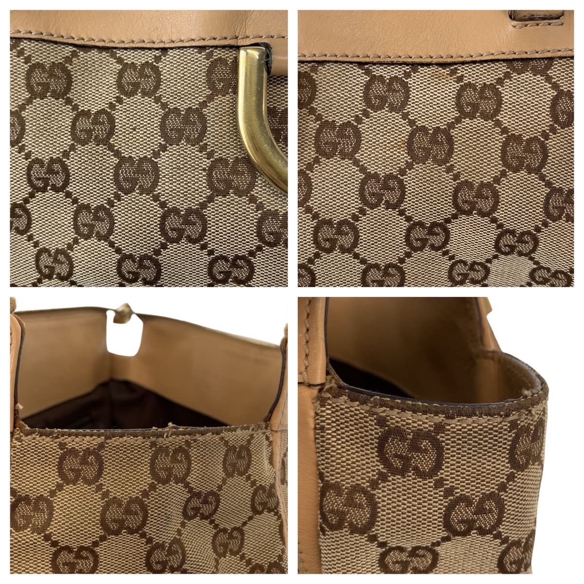 GUCCI Tote Bag 189831 GG canvas, leather Beige Brown Gold Metal Tote Bag Shoulder Bag Handbag Abbey Women Used