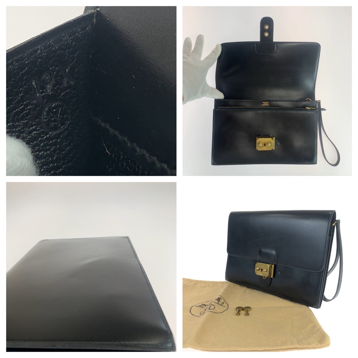 HERMES Clutch bag Box scarf Black GoldMetal Clutch bag business bag Pochette jet mens Used