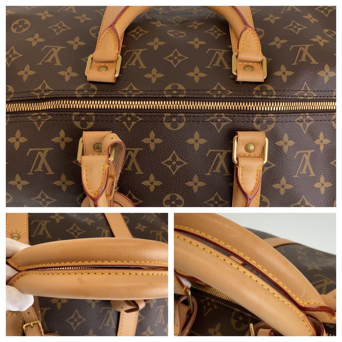 LOUIS VUITTON Boston Duffel bag M41416 PVC Brown Beige Gold Metal Monogram Keepall bandouliere50