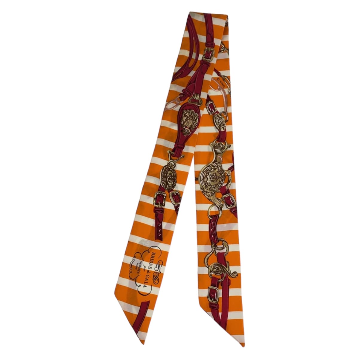 HERMES scarf silk Orange Pink Multicolor scarf ribbon Twilly BRIDES de GALA Women Used