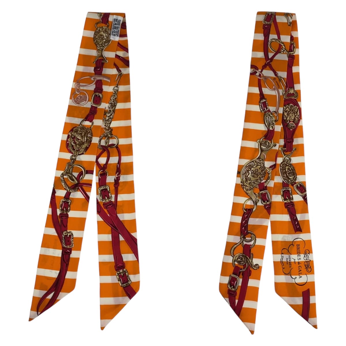HERMES scarf silk Orange Pink Multicolor scarf ribbon Twilly BRIDES de GALA Women Used