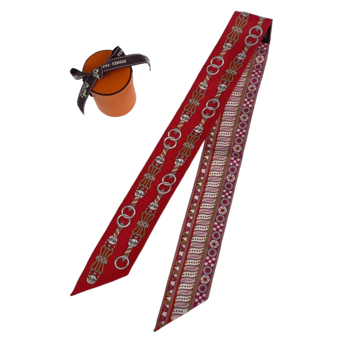 HERMES scarf silk Red Pink Multicolor scarf ribbon Twilly HARNAIS EN ROSACE Women Used