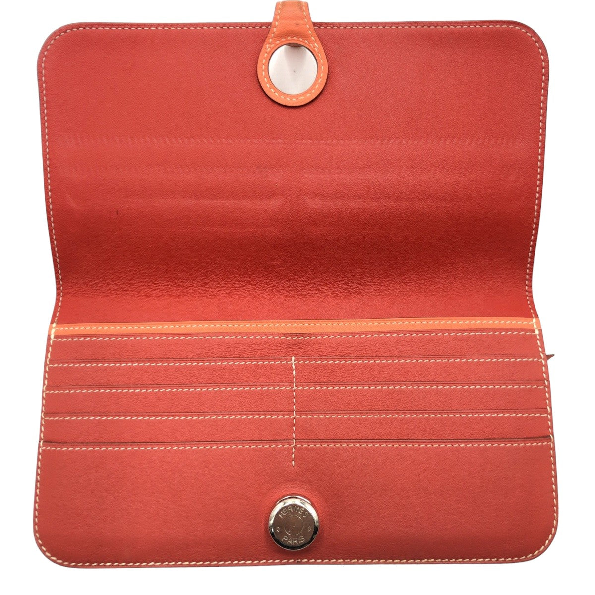 HERMES Long Wallet Purse leather Red sanguine crevette Long Wallet Purse Dogon Long Women Used