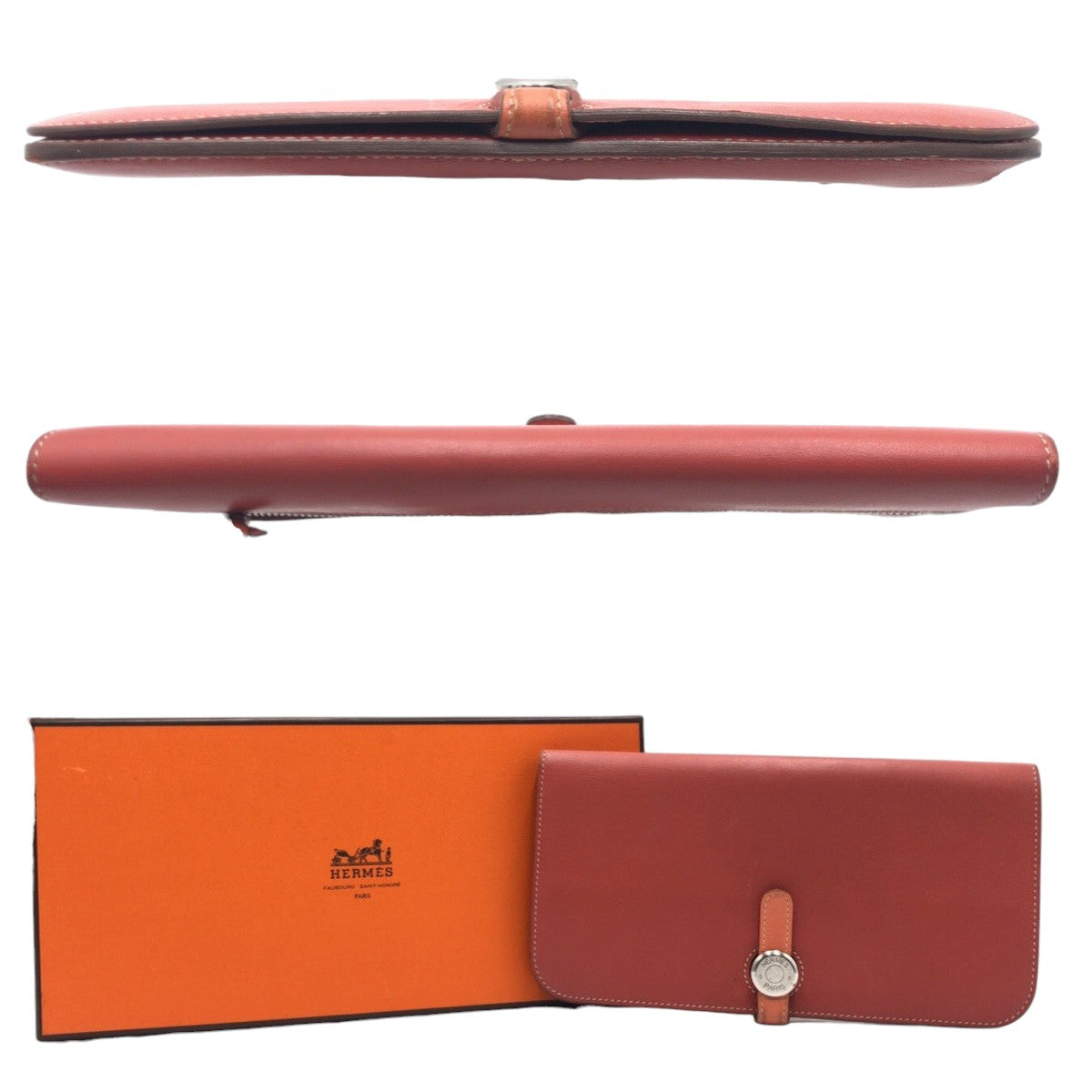 HERMES Long Wallet Purse leather Red sanguine crevette Long Wallet Purse Dogon Long Women Used