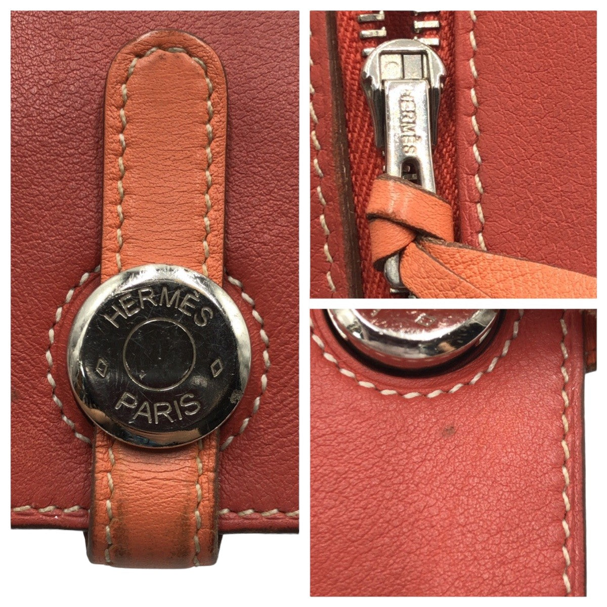 HERMES Long Wallet Purse leather Red sanguine crevette Long Wallet Purse Dogon Long Women Used