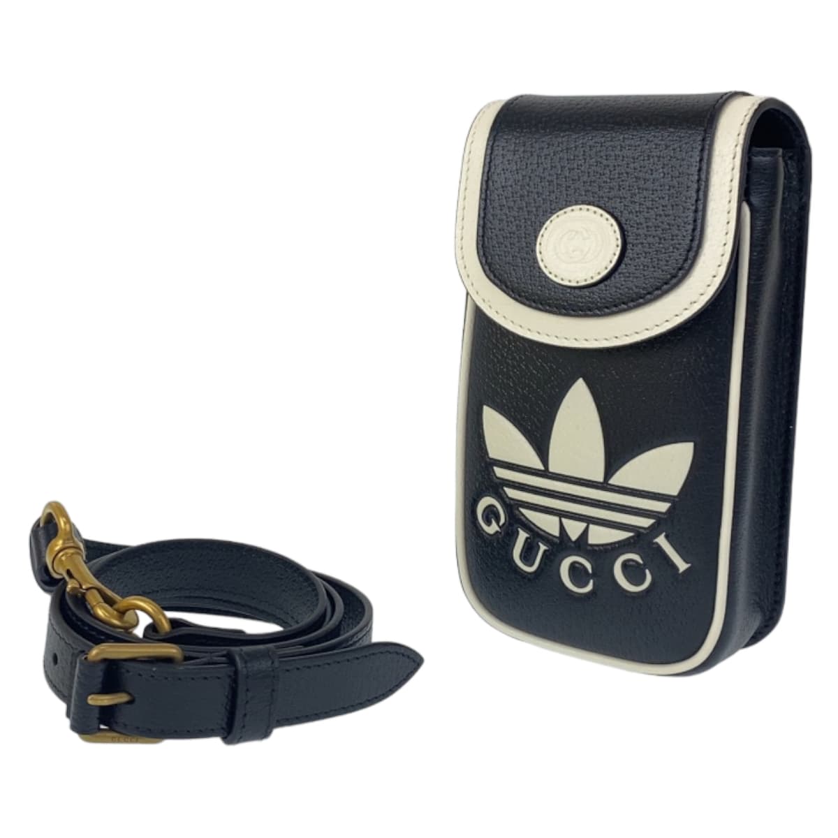 GUCCI Shoulder Bag leather Black White Gold Metal Shoulder Bag Phone Case Pochette adidas collaboration mens Used