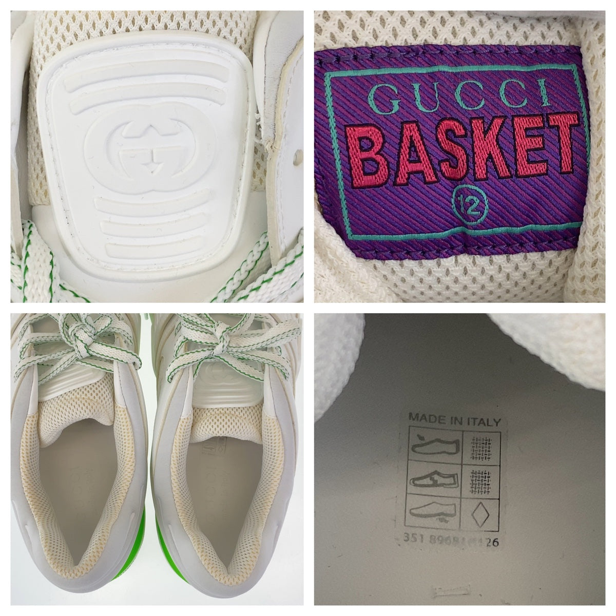 GUCCI sneakers GG canvas, leather White Green Sneakers Low Cut Lace Up basket mens 12 Used