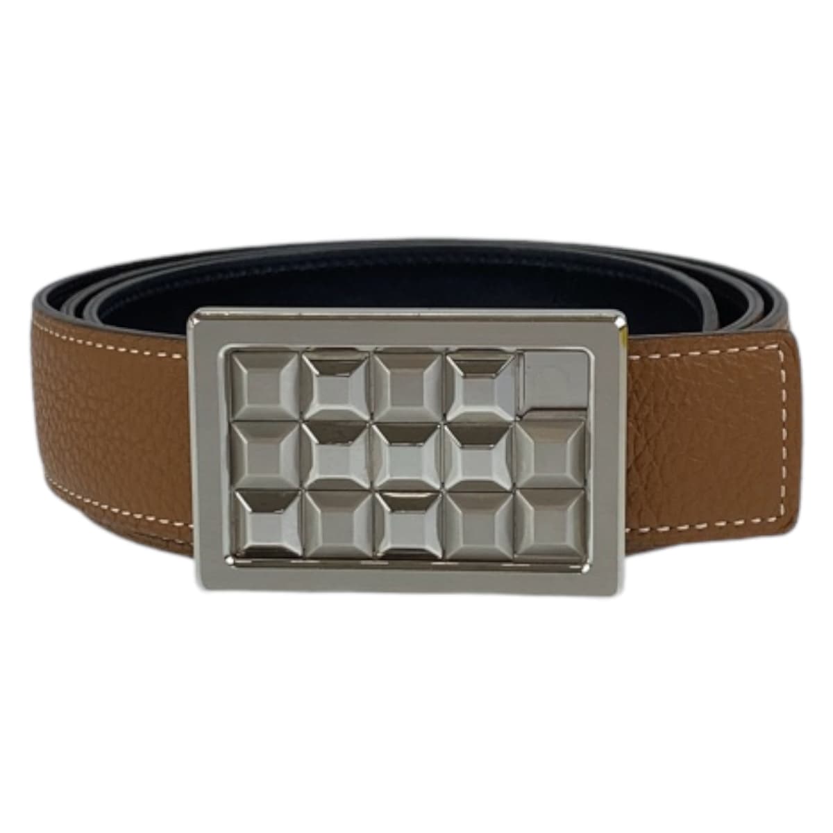 HERMES belt Togo , Box Calf Gold Camel Brown SilverMetal Stud buckle mens 100 Used