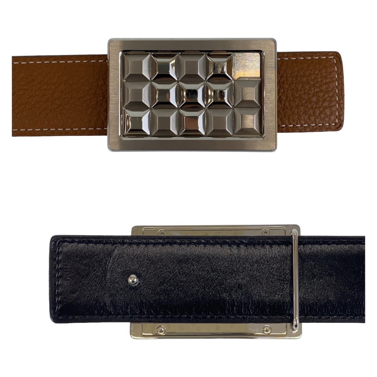 HERMES belt Togo , Box Calf Gold Camel Brown SilverMetal Stud buckle mens 100 Used