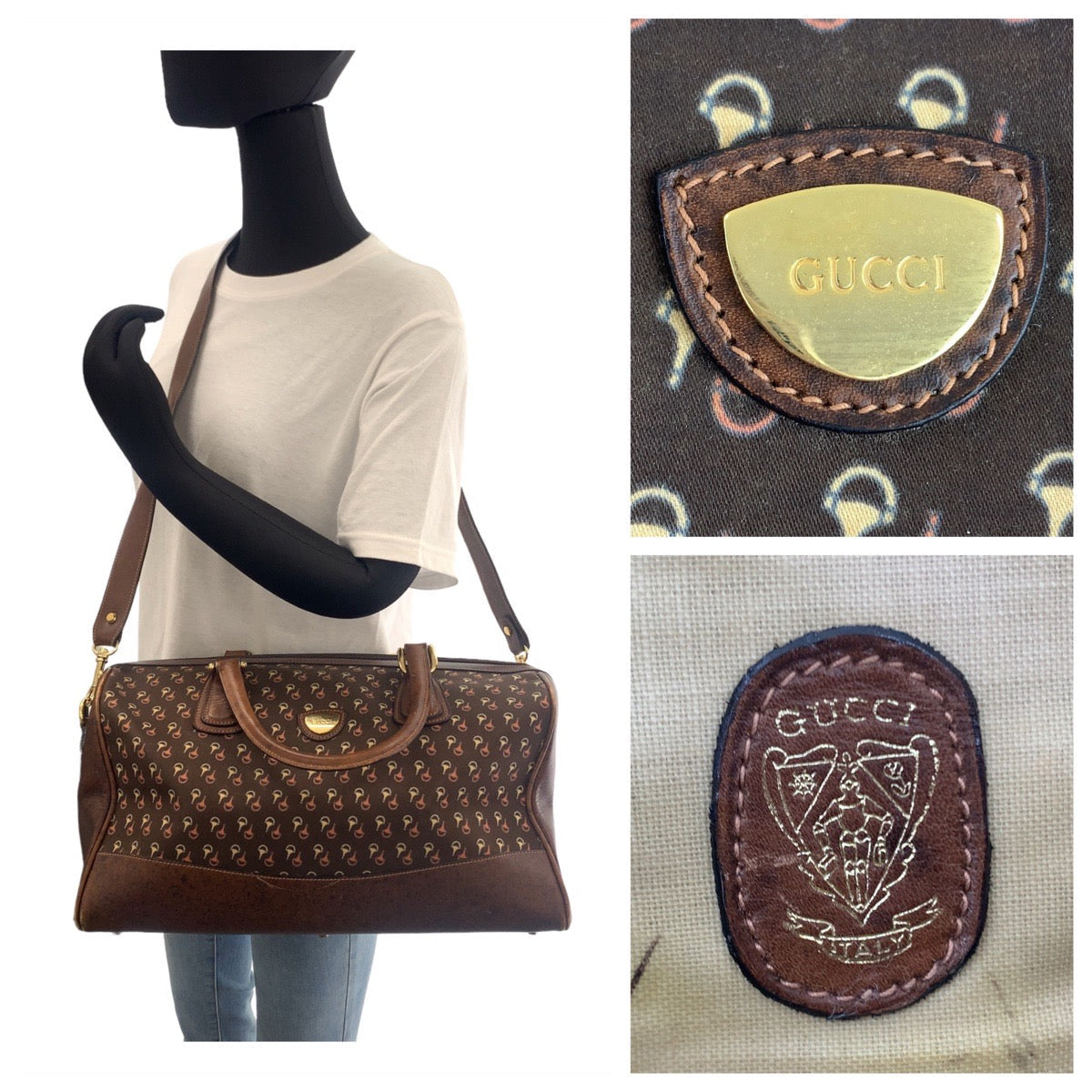 GUCCI Boston Duffel bag Nylon, Leather Brown Gold Metal Boston Duffel bag Crossbody Shoulder Bag 2way Old Gucci Horsebit Pattern Women Used
