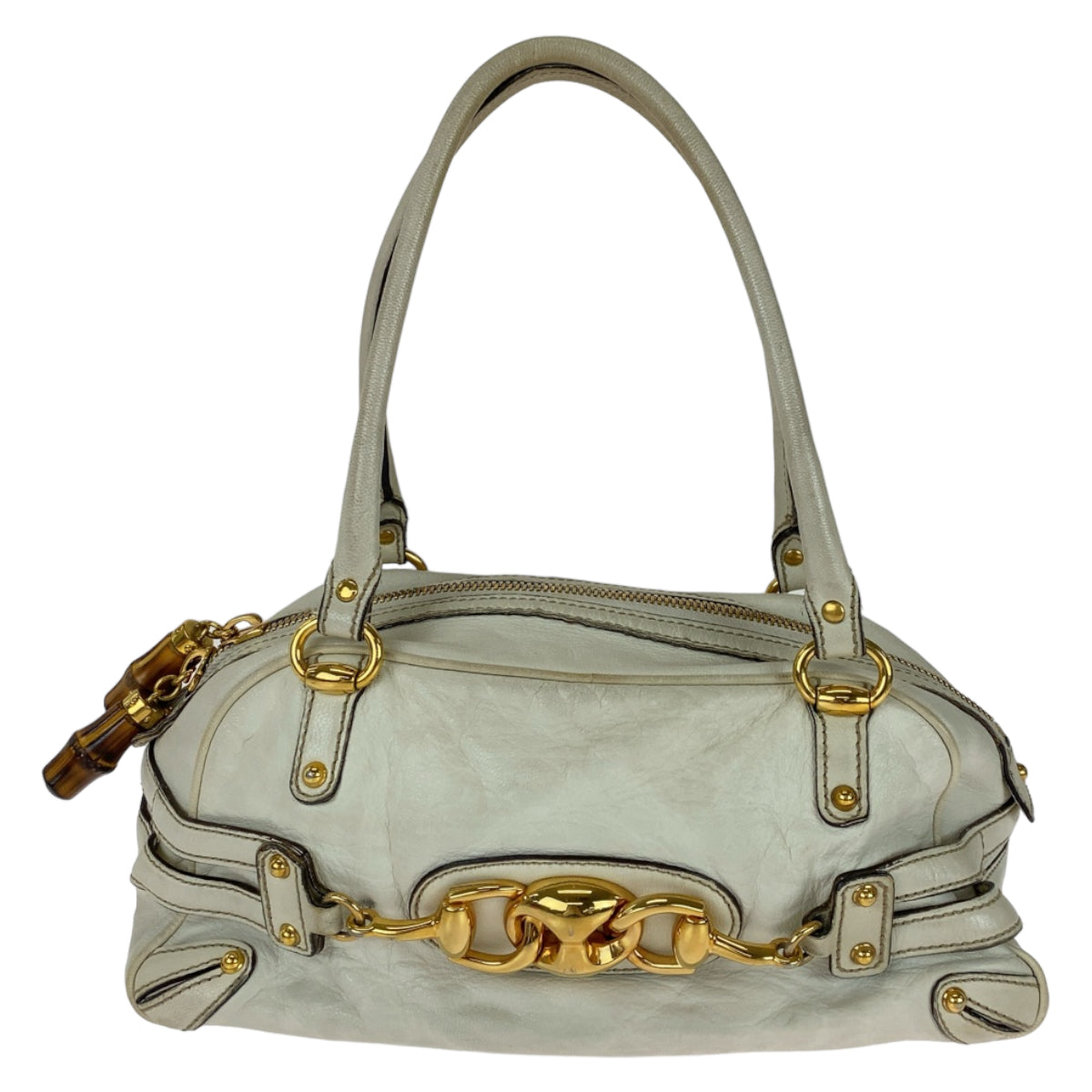 GUCCI Handbag 159399 leather White GoldMetal Handbag Shoulder Bag Bamboo Horsebit Women Used