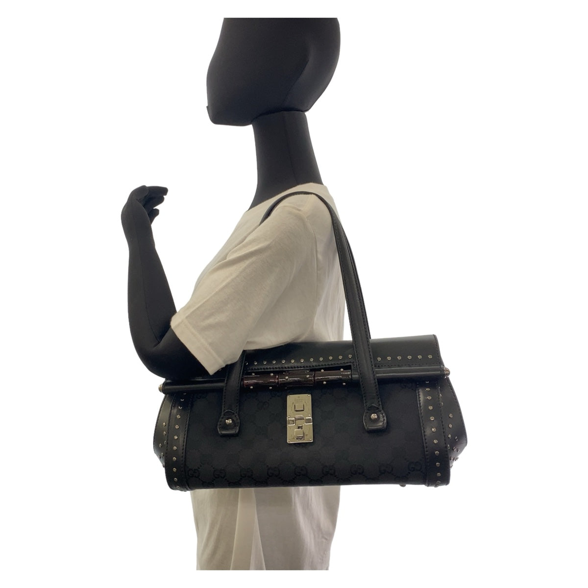 GUCCI Shoulder Bag 114993 GG canvas, leather Black SilverMetal Shoulder Bag Bamboo studs Women Used