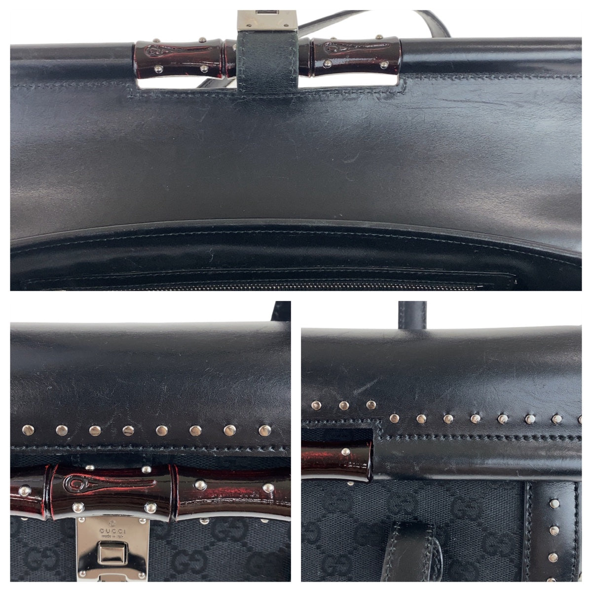 GUCCI Shoulder Bag 114993 GG canvas, leather Black SilverMetal Shoulder Bag Bamboo studs Women Used