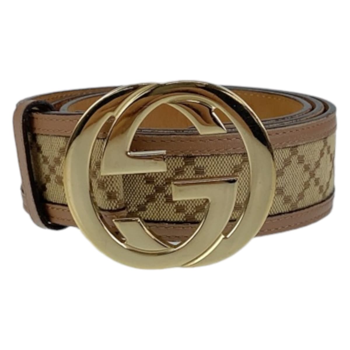 GUCCI belt 114876 Canvas, Leather Beige Brown Gold Metal Interlocking mens 34 Used