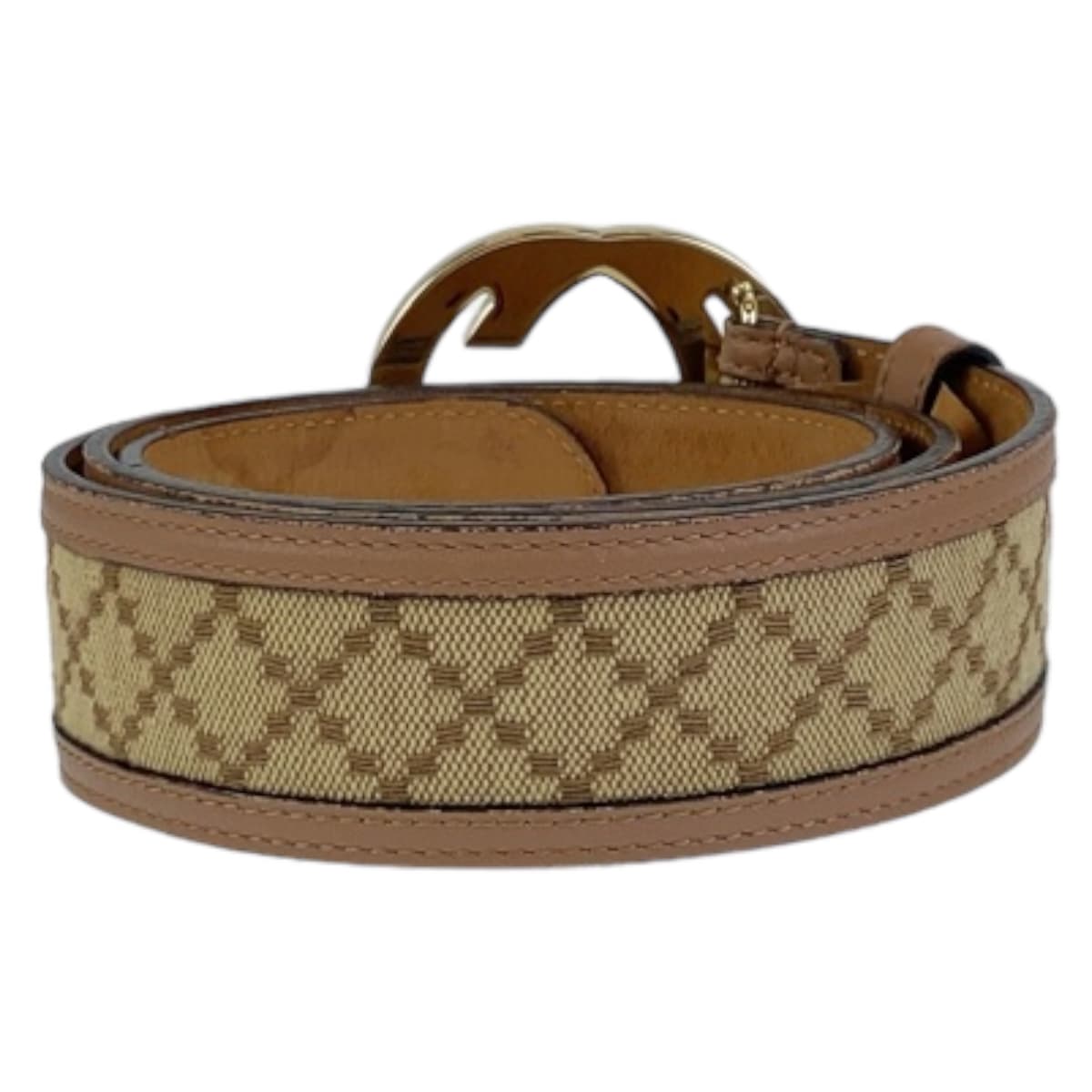 GUCCI belt 114876 Canvas, Leather Beige Brown Gold Metal Interlocking mens 34 Used