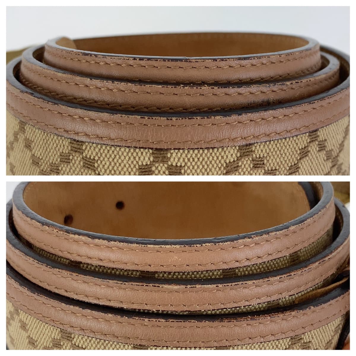 GUCCI belt 114876 Canvas, Leather Beige Brown Gold Metal Interlocking mens 34 Used