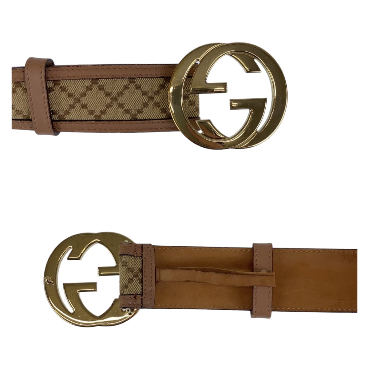 GUCCI belt 114876 Canvas, Leather Beige Brown Gold Metal Interlocking mens 34 Used