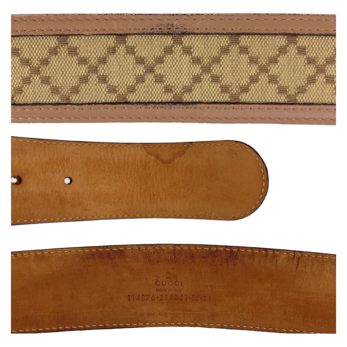 GUCCI belt 114876 Canvas, Leather Beige Brown Gold Metal Interlocking mens 34 Used