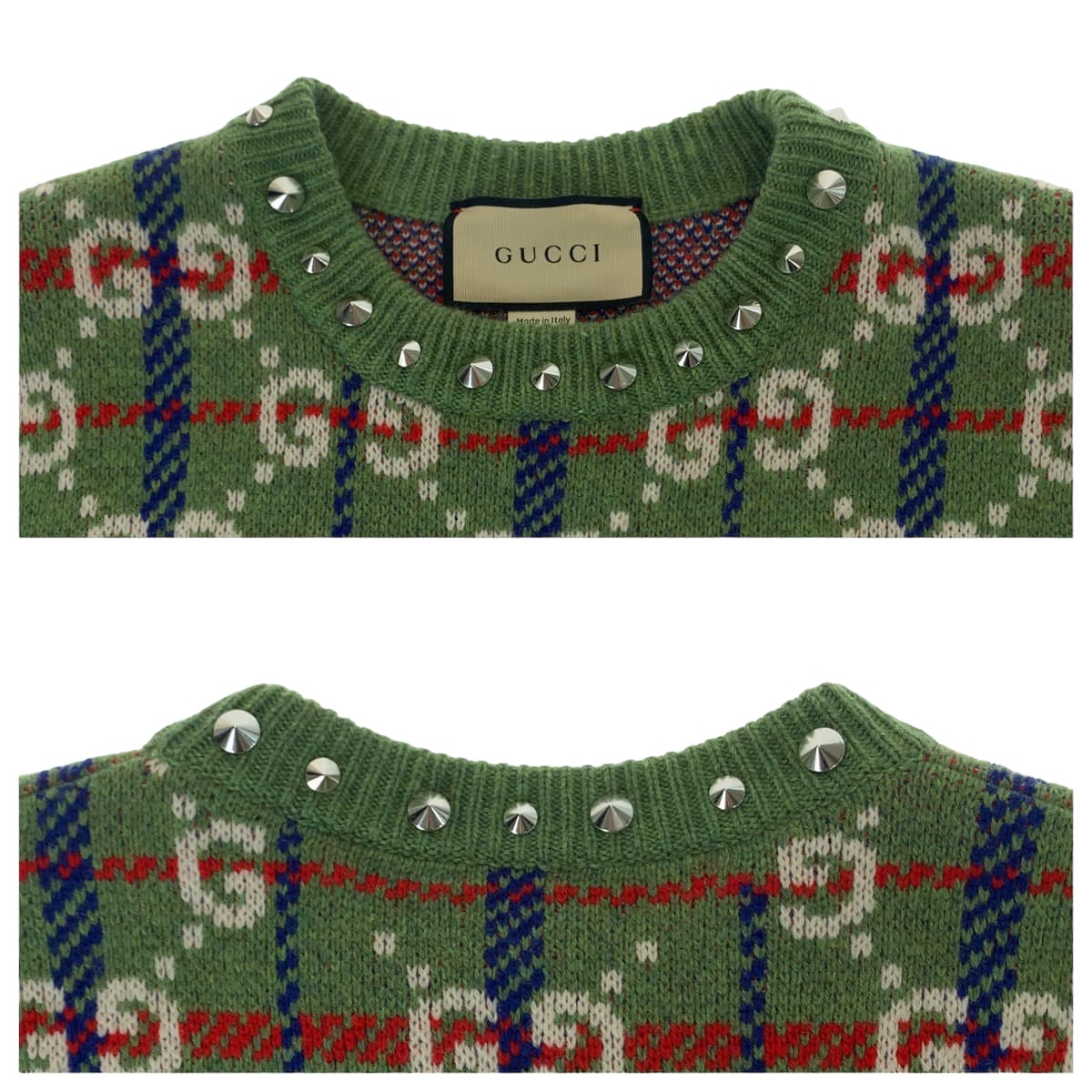 GUCCI knit 713571 XKCOZ Wool, Metal Multicolor SilverMetal Knit sweater Neck studs GG total pattern mens S Used