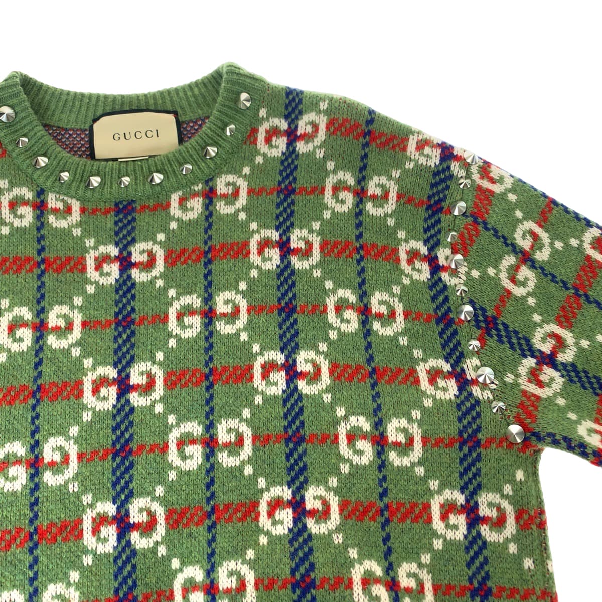 GUCCI knit 713571 XKCOZ Wool, Metal Multicolor SilverMetal Knit sweater Neck studs GG total pattern mens S Used