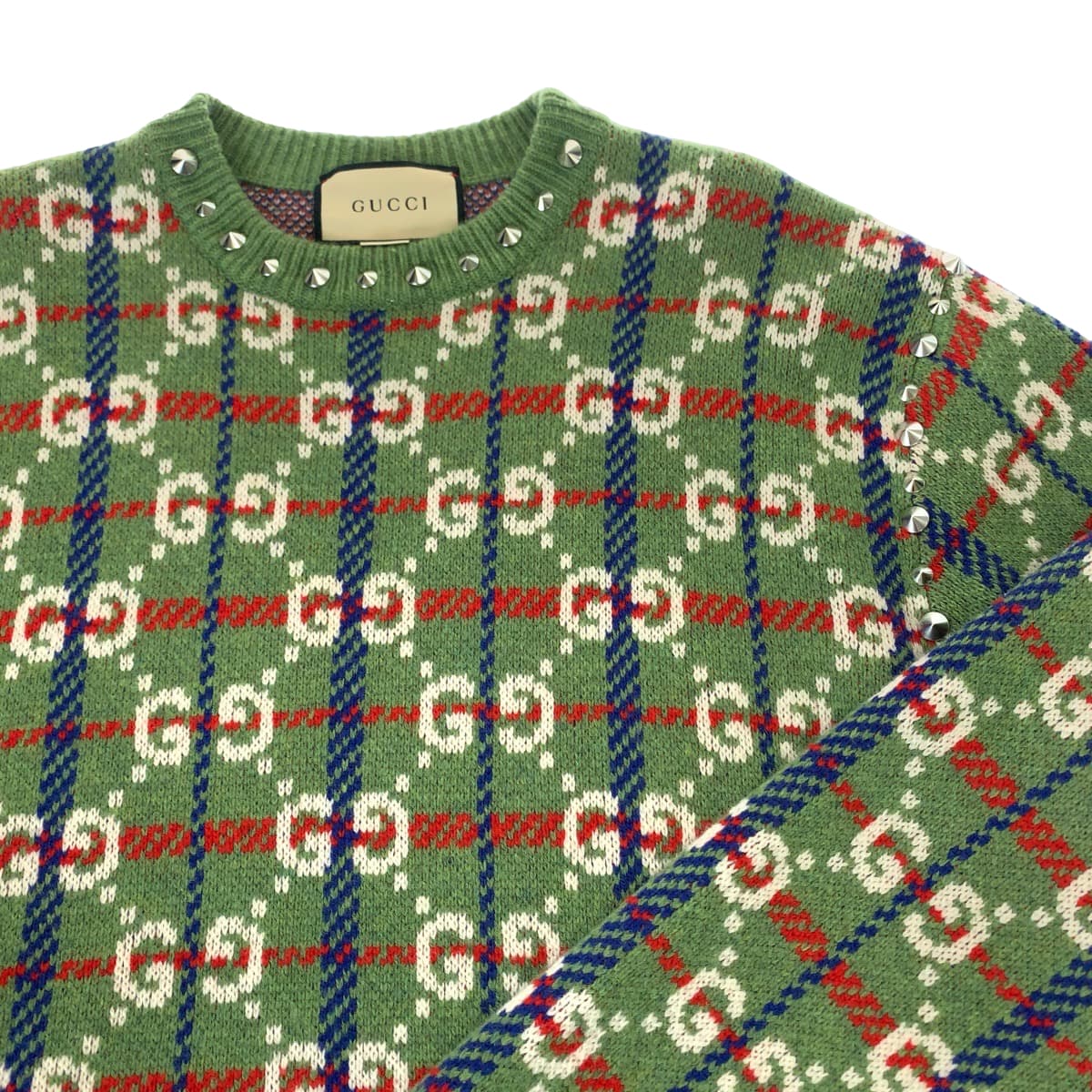 GUCCI knit 713571 XKCOZ Wool, Metal Multicolor SilverMetal Knit sweater Neck studs GG total pattern mens S Used