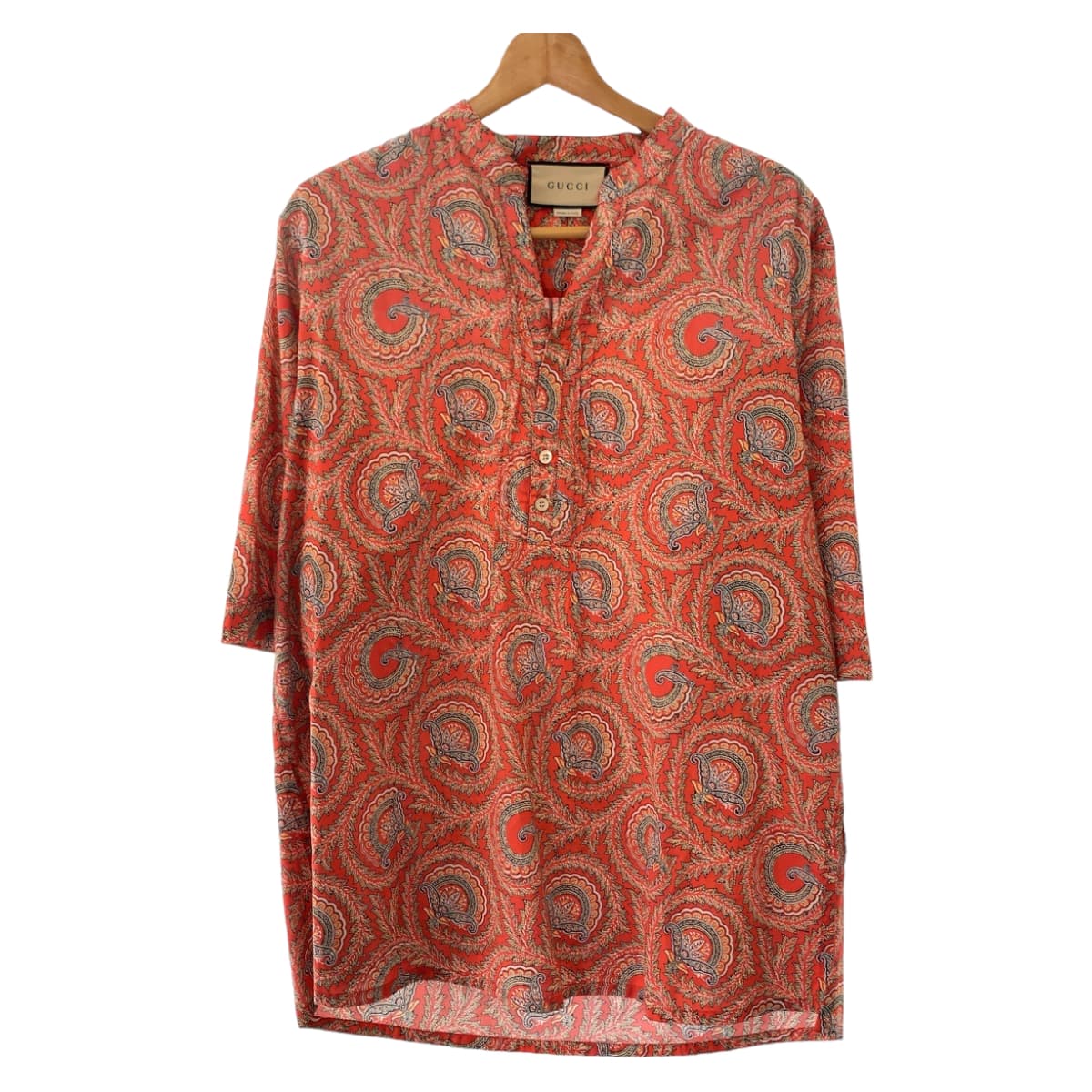 GUCCI Short sleeve shirt 654888 ZAGXJ cotton Red multicolor Short sleeve shirt cut and sew 21Stainless Steel Paisley total pattern mens 44 Used