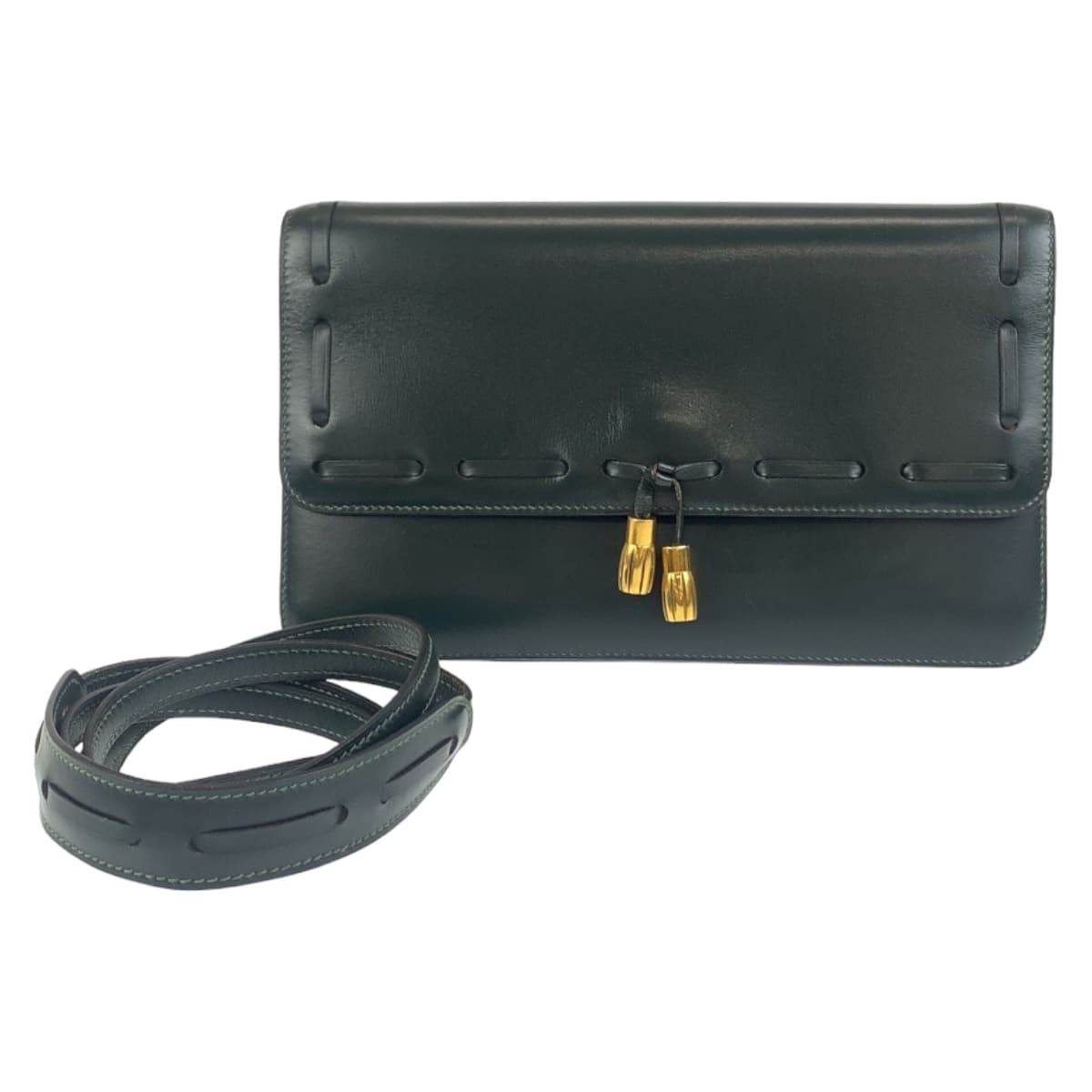 HERMES Shoulder Bag Box scarf Green GoldMetal Shoulder Bag Clutch Bag 2WAY Tassel Women Used