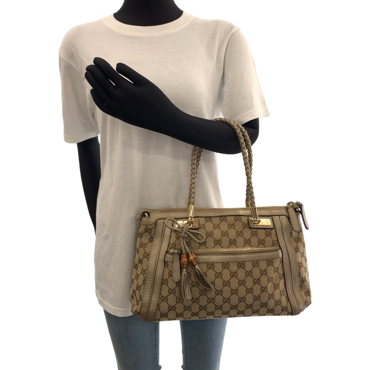 GUCCI Tote Bag 282300 GG canvas Brown Gold Metal Tote Bag handbag Bella Bamboo Ribbon tassel Women Used