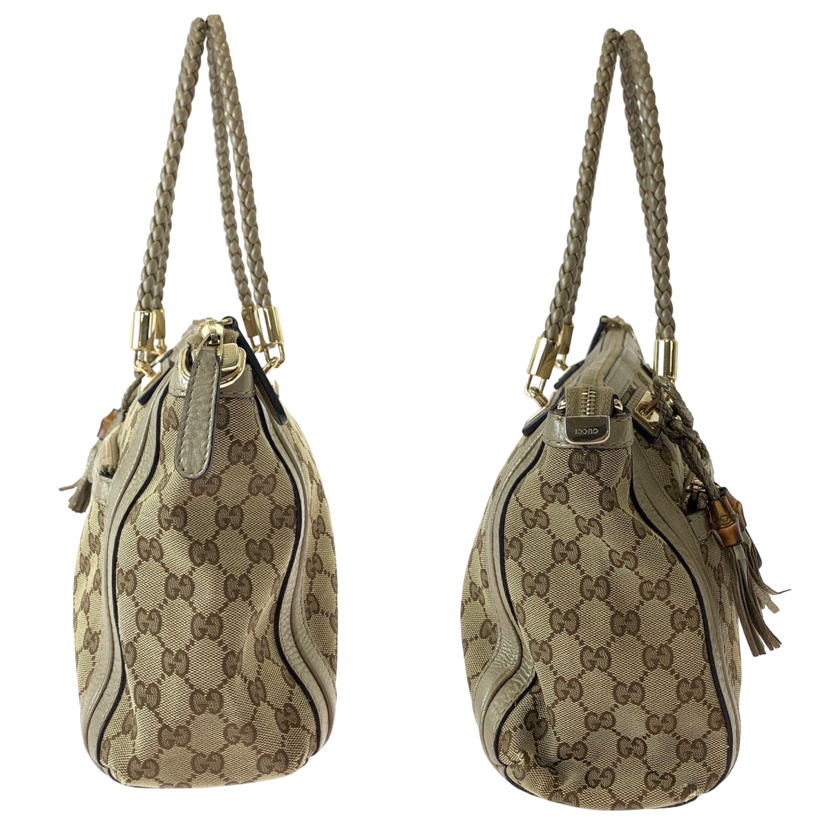 GUCCI Tote Bag 282300 GG canvas Brown Gold Metal Tote Bag handbag Bella Bamboo Ribbon tassel Women Used