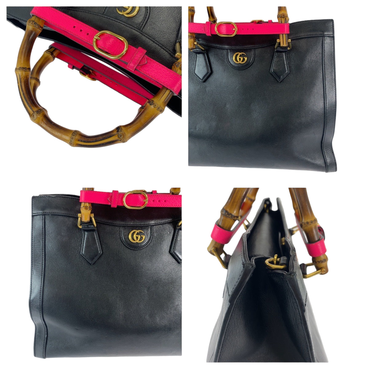 GUCCI Tote Bag 655658 leather Black GoldMetal Tote Bag Shoulder Bag Handbag 2way Bamboo Diana Women Used