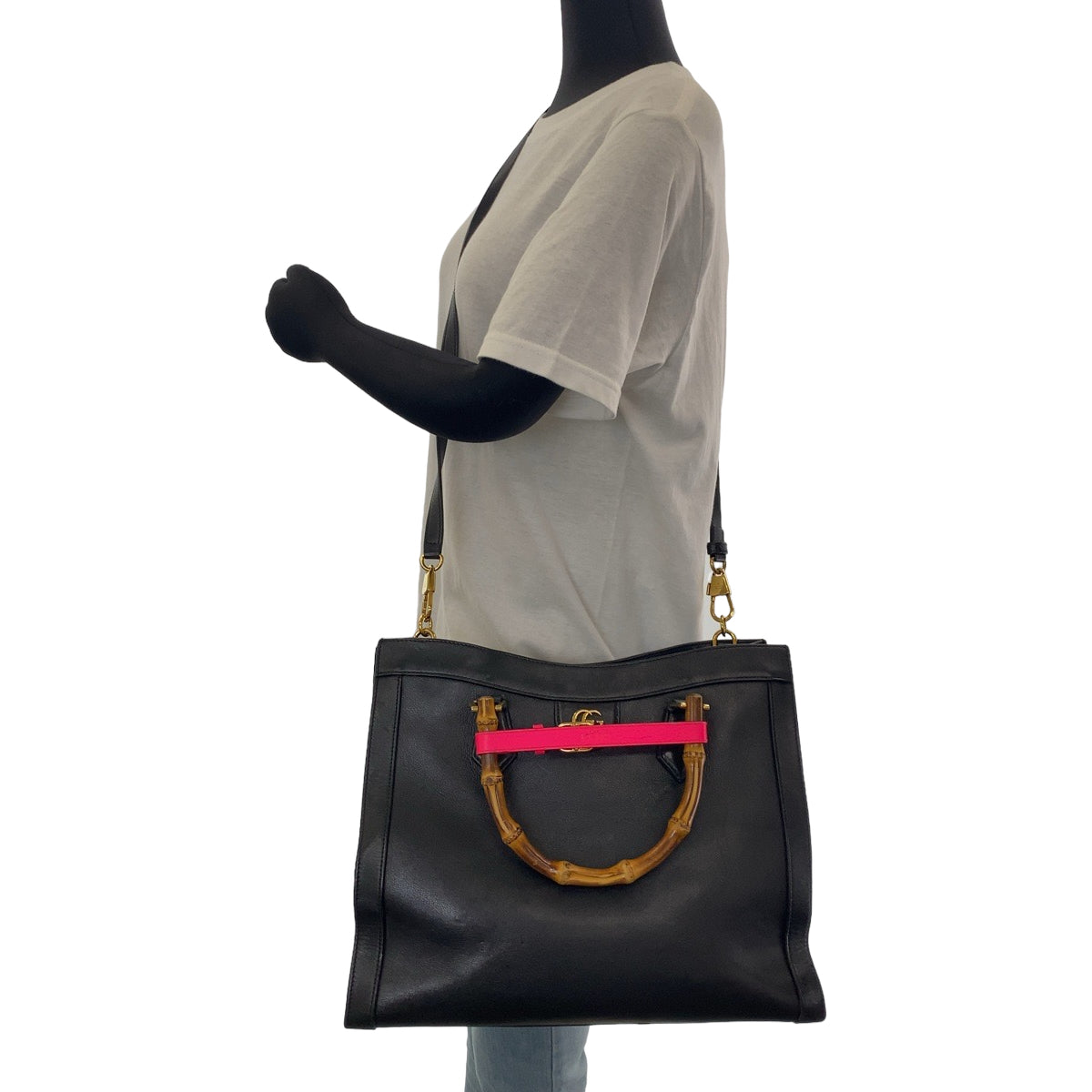 GUCCI Tote Bag 655658 leather Black GoldMetal Tote Bag Shoulder Bag Handbag 2way Bamboo Diana Women Used