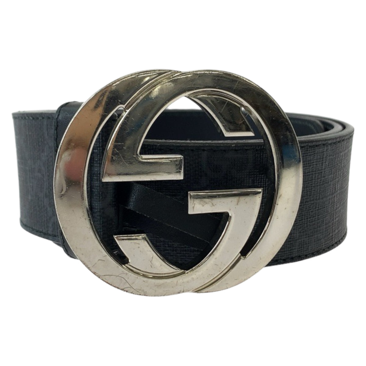 GUCCI belt 525040 GG Supreme Canvas Black Silver Metal Belt buckle Interlocking mens 34 Used