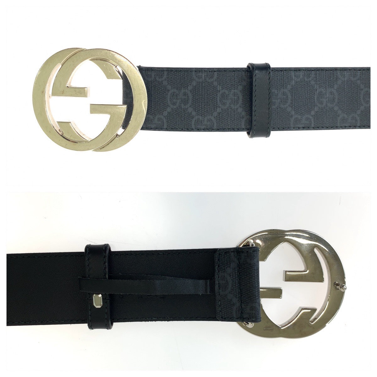 GUCCI belt 525040 GG Supreme Canvas Black Silver Metal Belt buckle Interlocking mens 34 Used