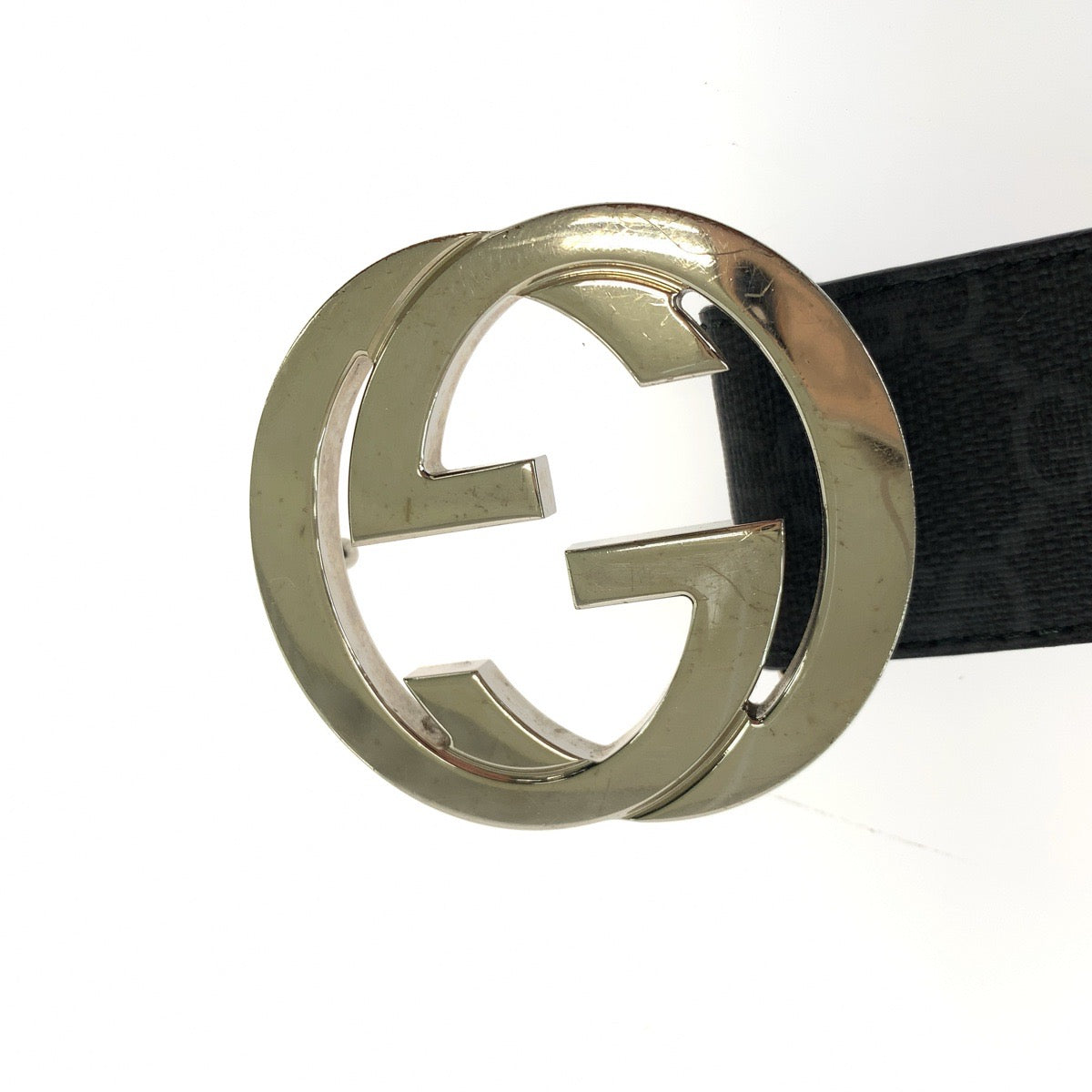 GUCCI belt 525040 GG Supreme Canvas Black Silver Metal Belt buckle Interlocking mens 34 Used