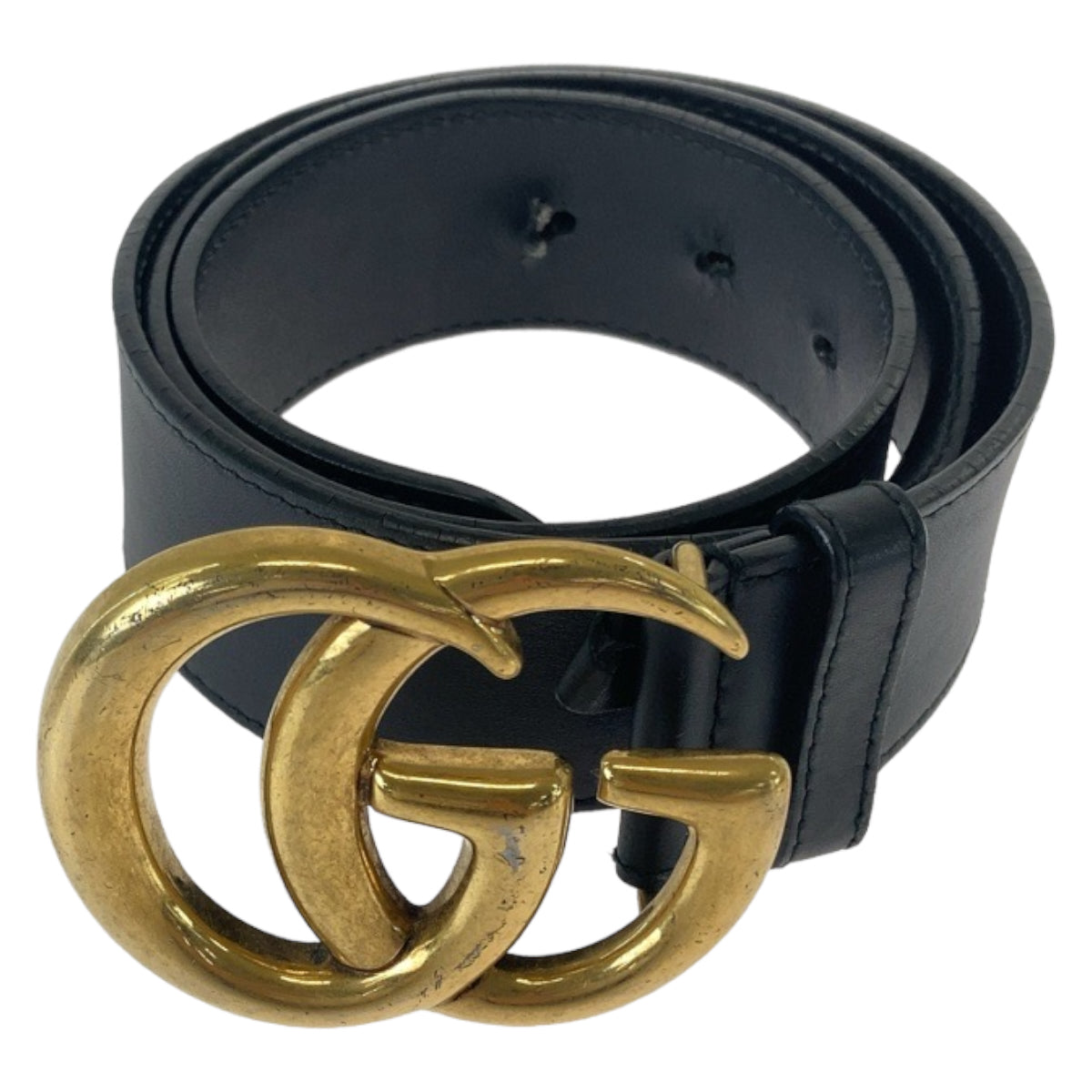 GUCCI belt 400593 leather Black Gold Metal GG Marmont mens 30 Used