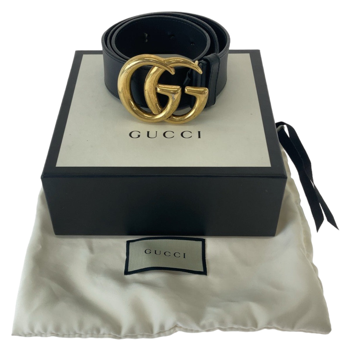 GUCCI belt 400593 leather Black Gold Metal GG Marmont mens 30 Used