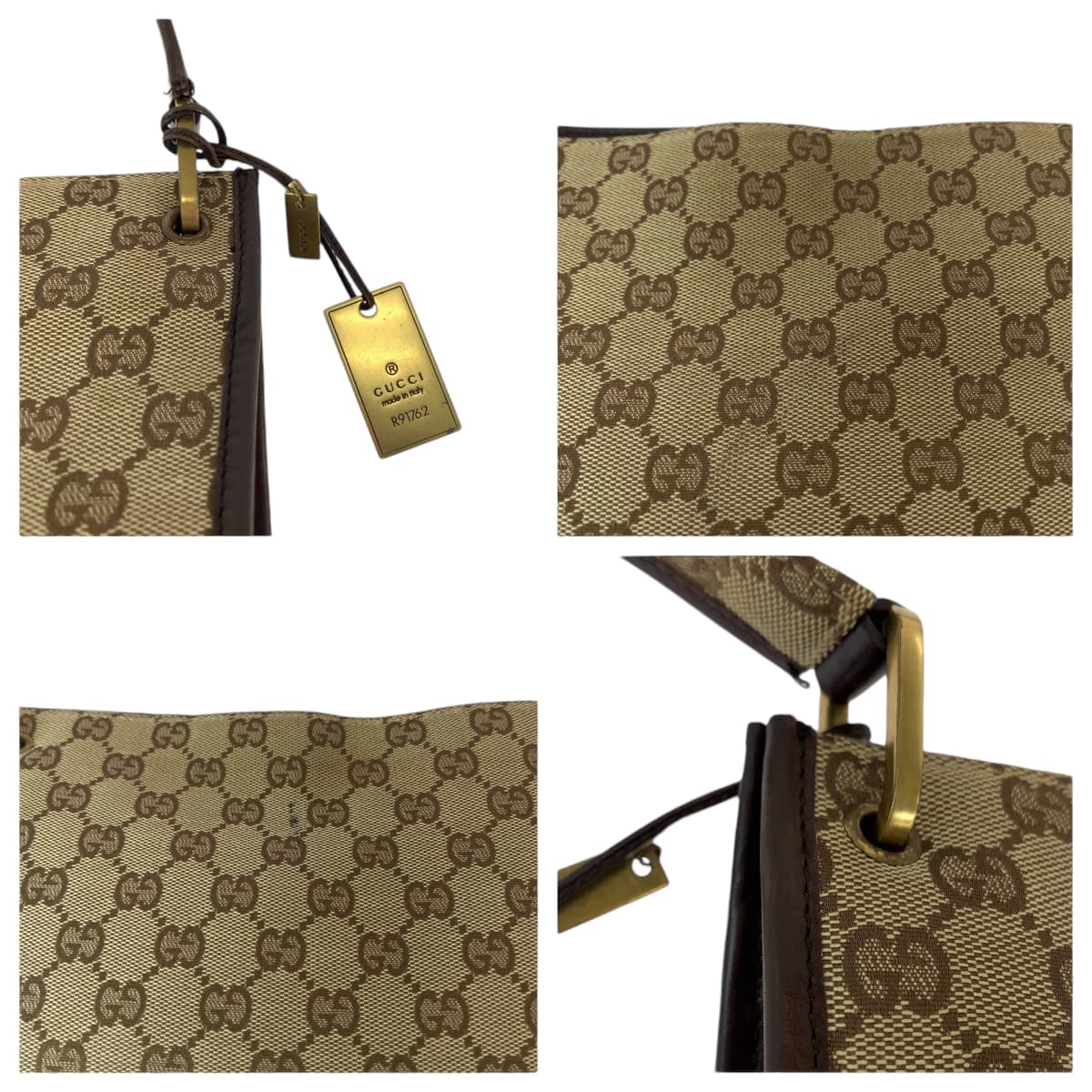 GUCCI Shoulder Bag 91762 GG canvas Beige Brown Gold Metal Shoulder Bag pochette Plate charm Women Used