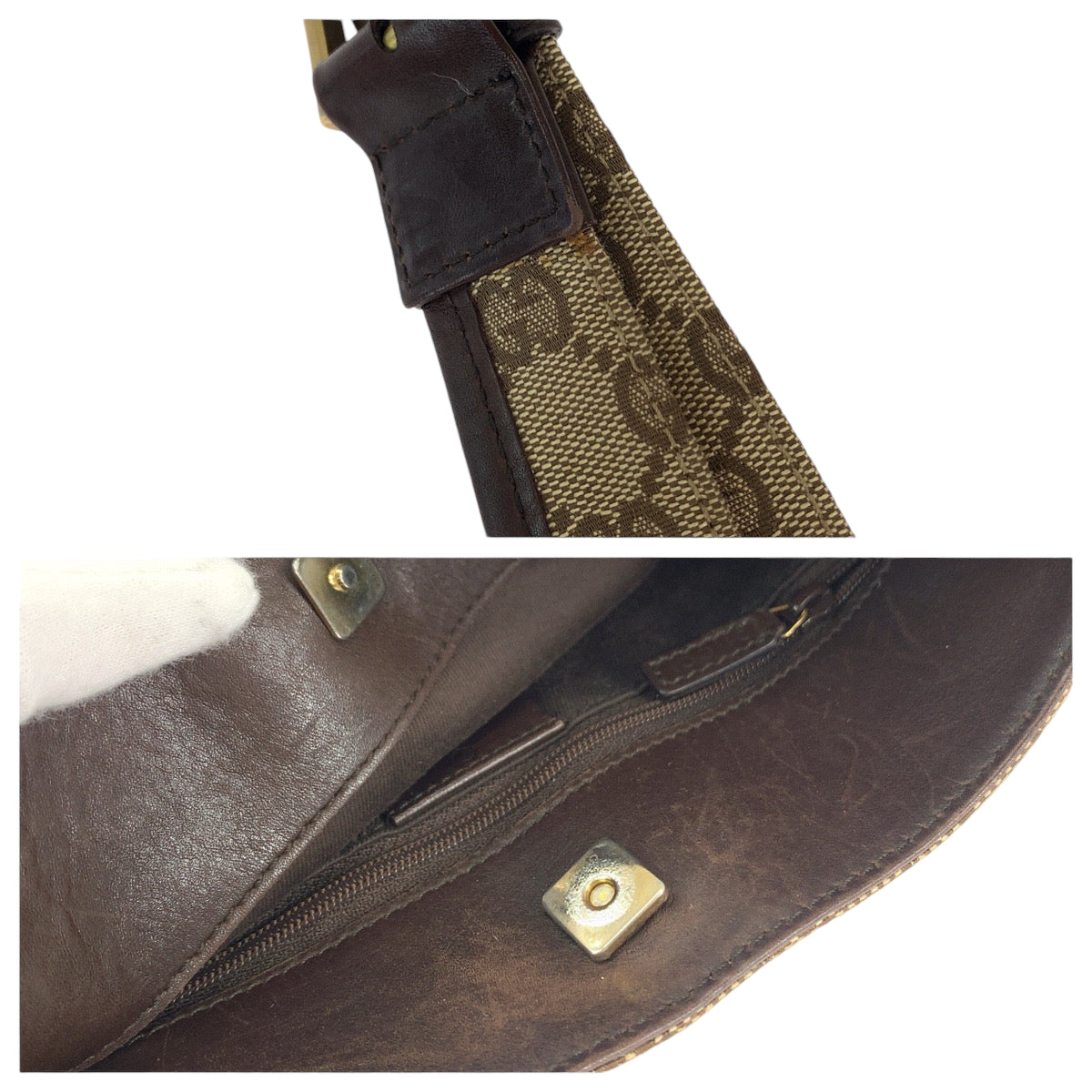 GUCCI Shoulder Bag 91762 GG canvas Beige Brown Gold Metal Shoulder Bag pochette Plate charm Women Used