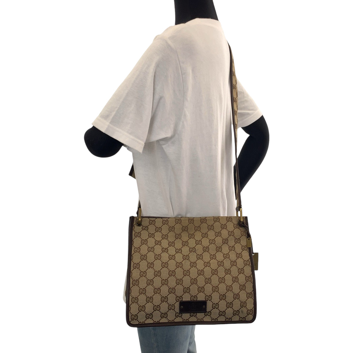 GUCCI Shoulder Bag 91762 GG canvas Beige Brown Gold Metal Shoulder Bag pochette Plate charm Women Used