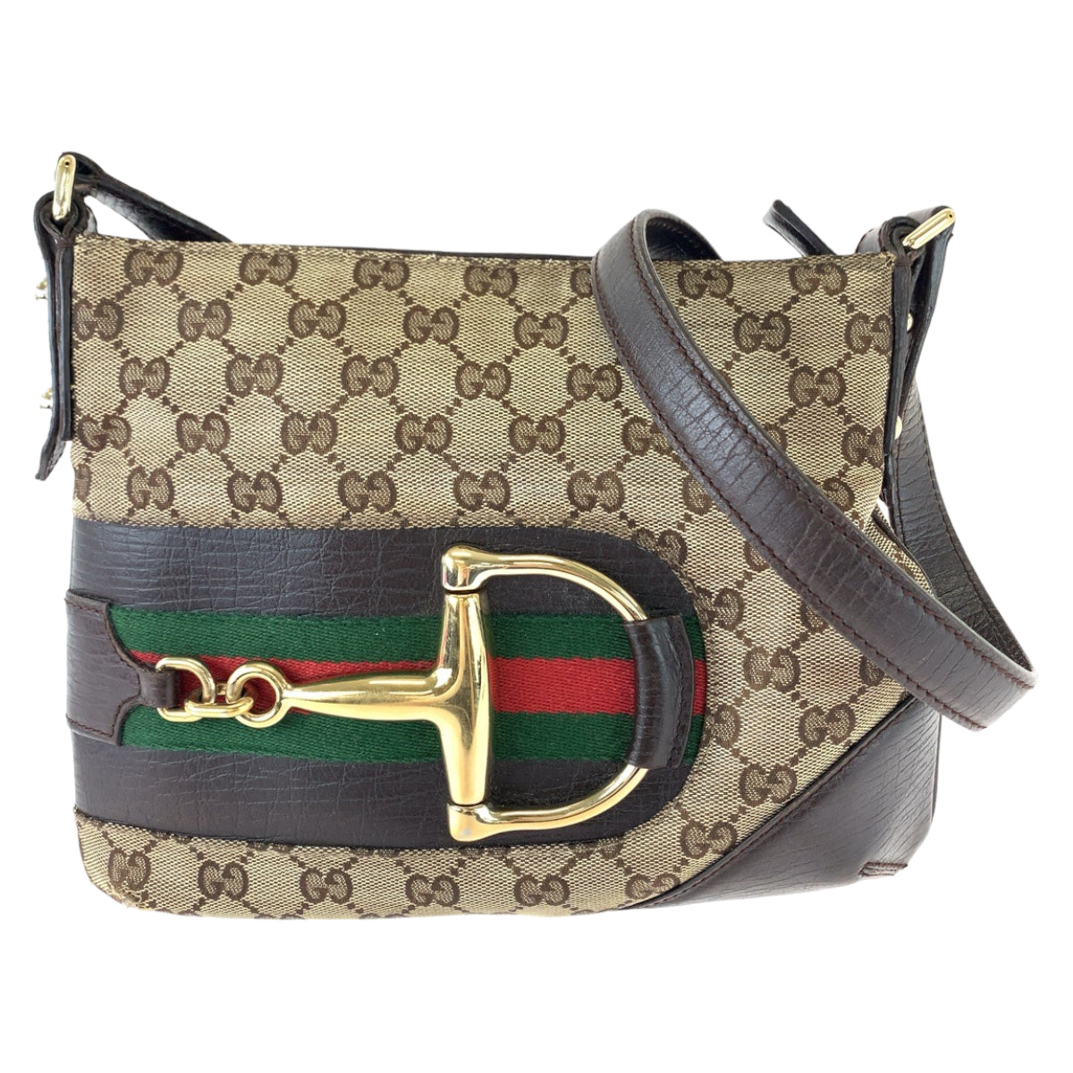 GUCCI Shoulder Bag 141506 GG canvas Brown Beige Gold Metal Shoulder Bag Crossbody Pochette Sherry line horsebit Women Used