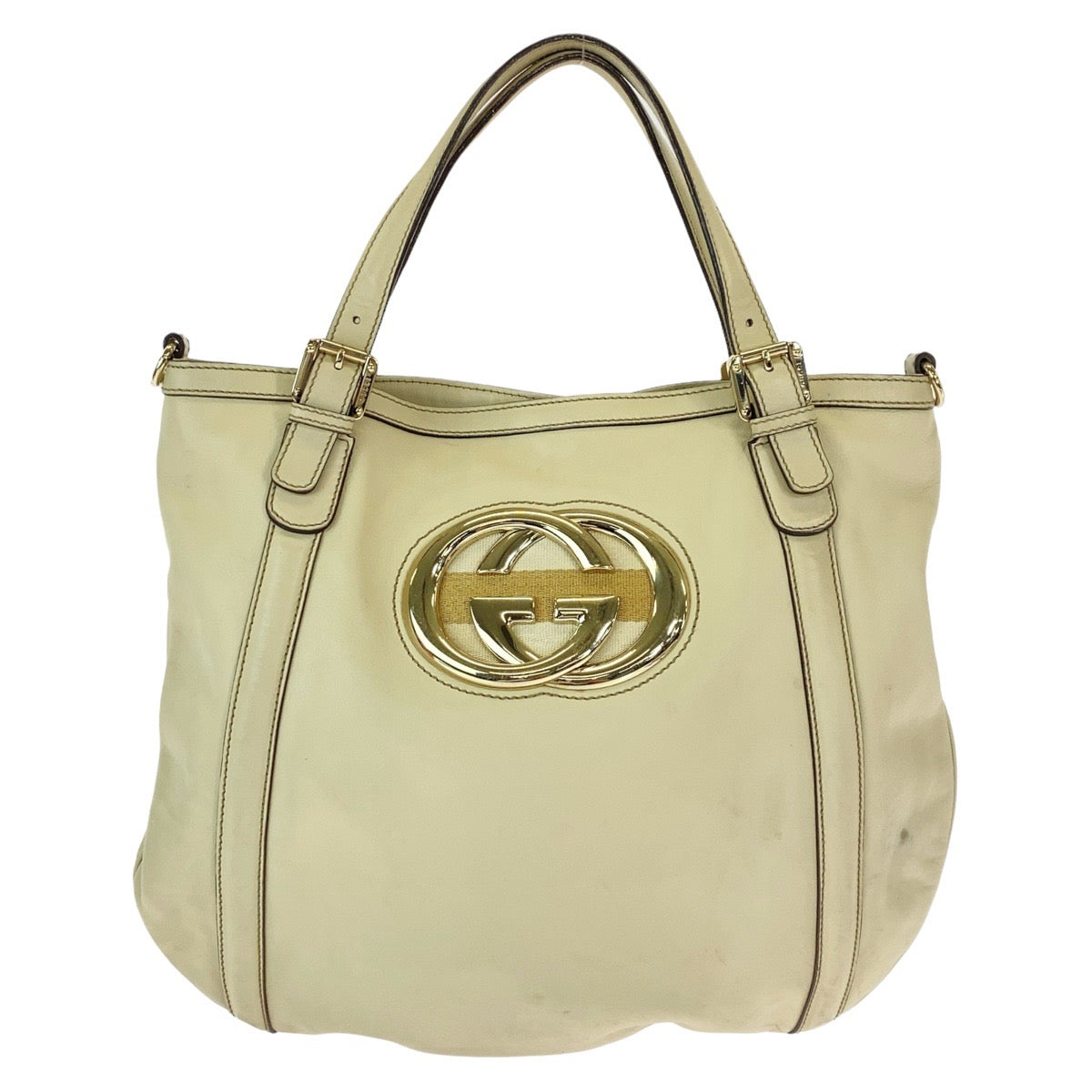 GUCCI Tote Bag 162336 leather White Beige Gold Metal Tote Bag Shoulder Bag Interlocking Newbrit Women Used