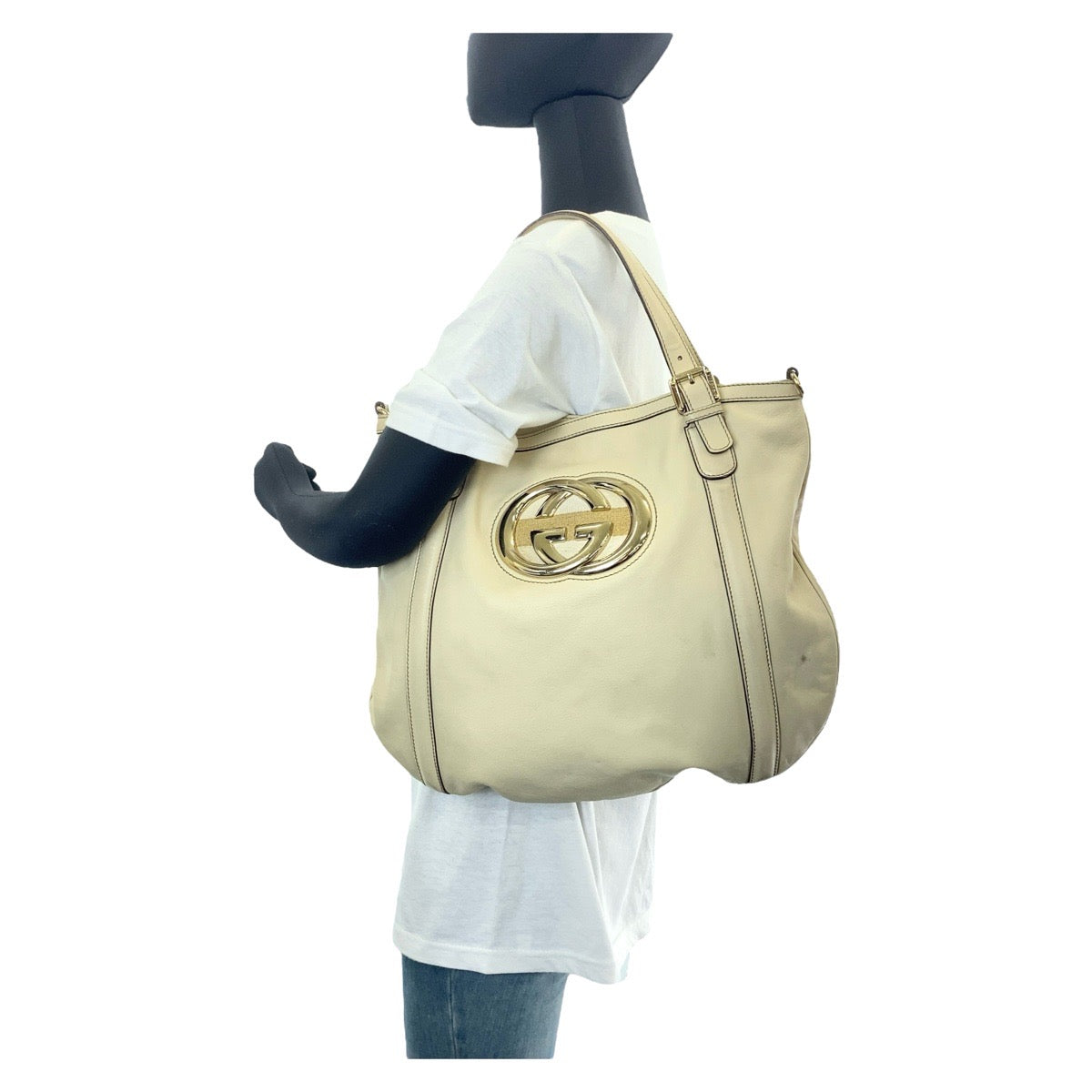 GUCCI Tote Bag 162336 leather White Beige Gold Metal Tote Bag Shoulder Bag Interlocking Newbrit Women Used