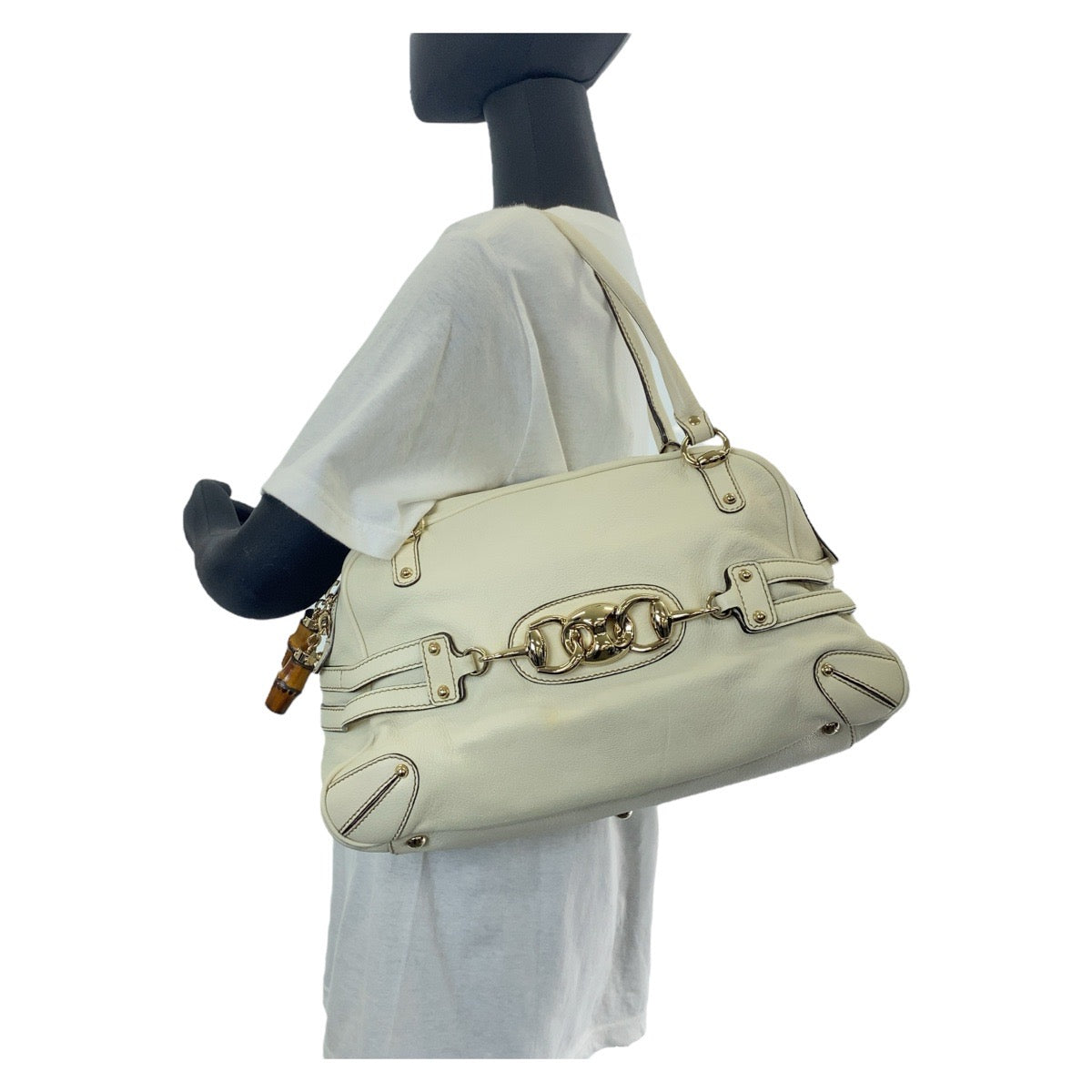 GUCCI Handbag 159398 leather White GoldMetal Handbag Shoulder Bag Bamboo Horsebit Women Used