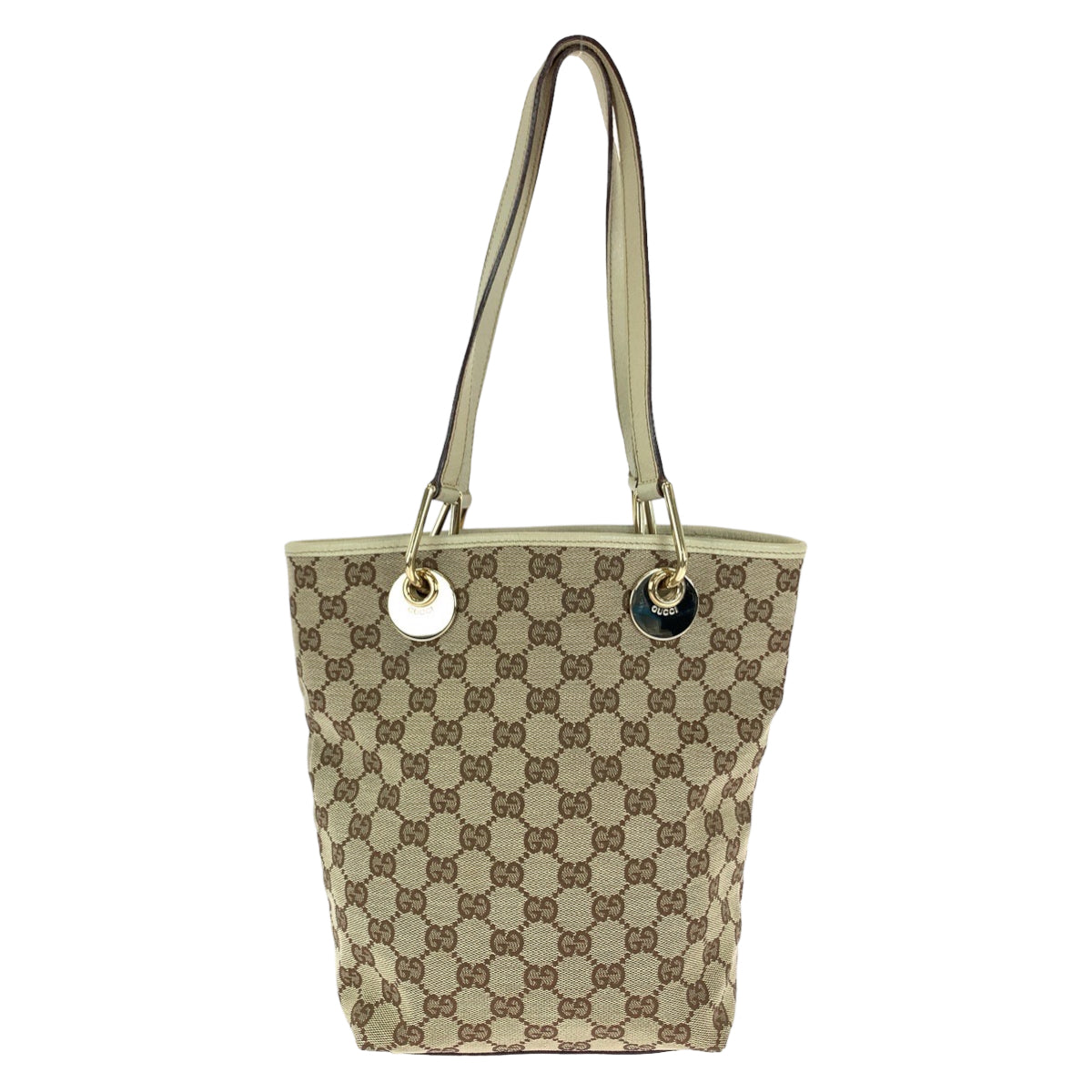 GUCCI Tote Bag GG canvas Beige Brown Gold Metal Tote Bag handbag Women Used