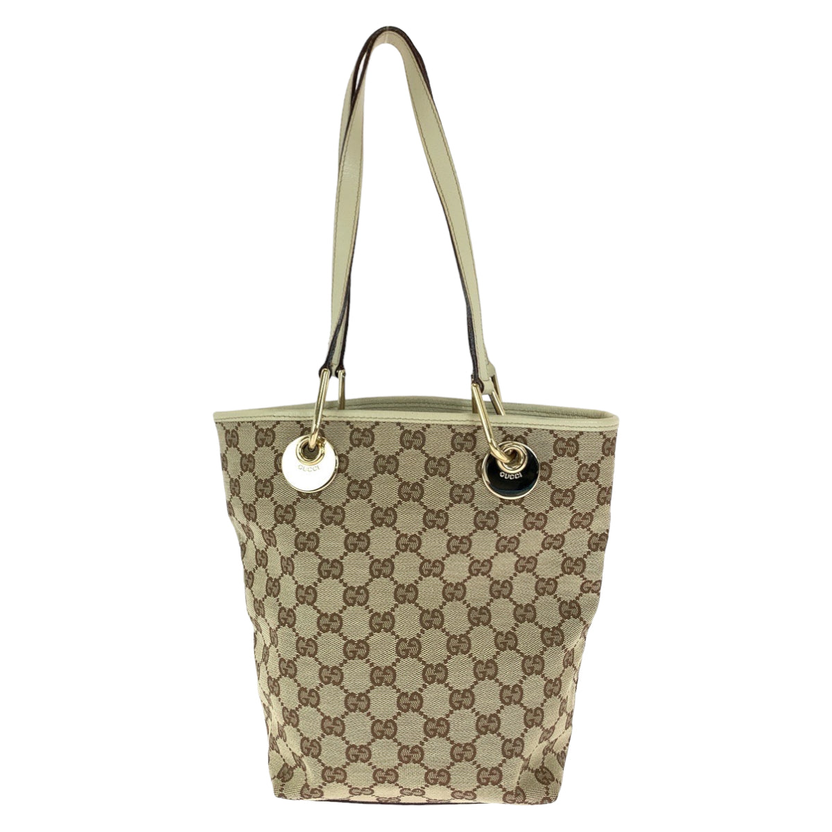 GUCCI Tote Bag GG canvas Beige Brown Gold Metal Tote Bag handbag Women Used