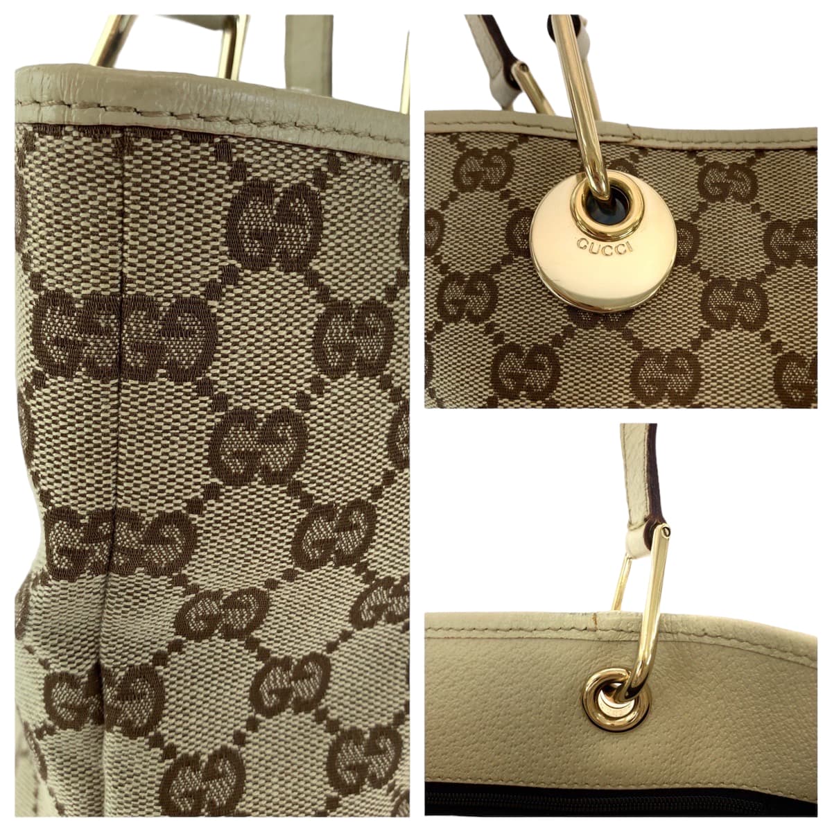 GUCCI Tote Bag GG canvas Beige Brown Gold Metal Tote Bag handbag Women Used